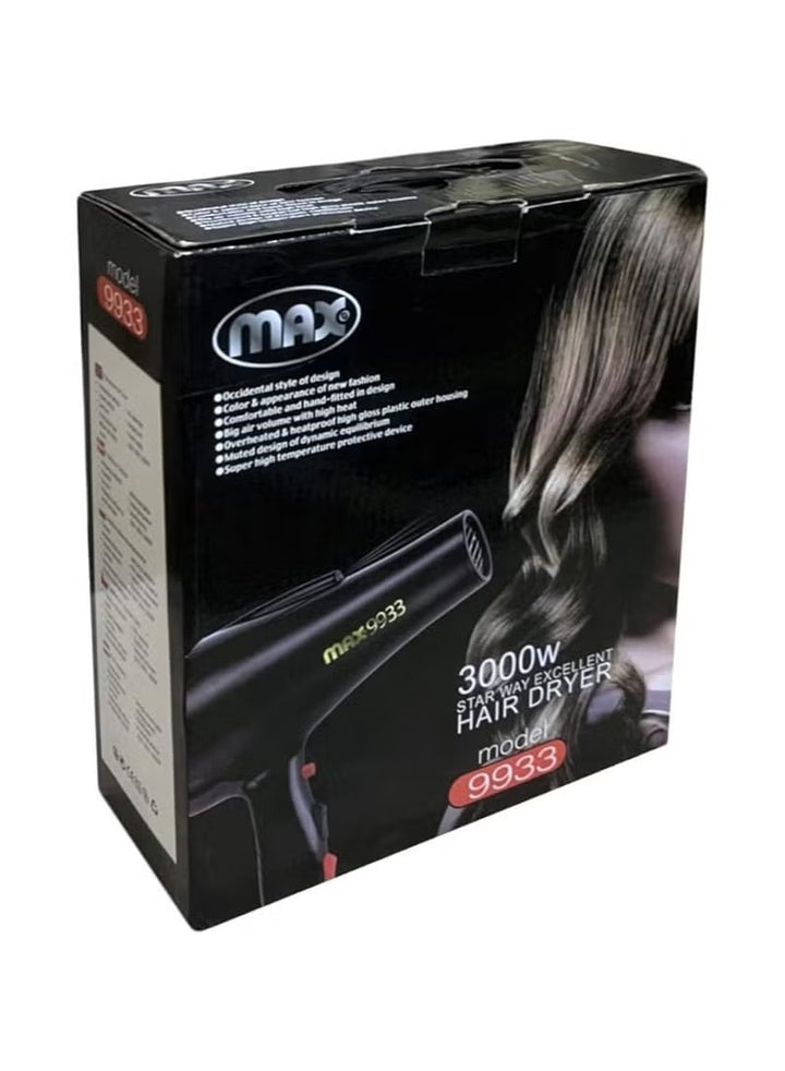 Max 9933 Professional Hair Dryer 3000W Black - Ultra Powerful – Fielgarage
